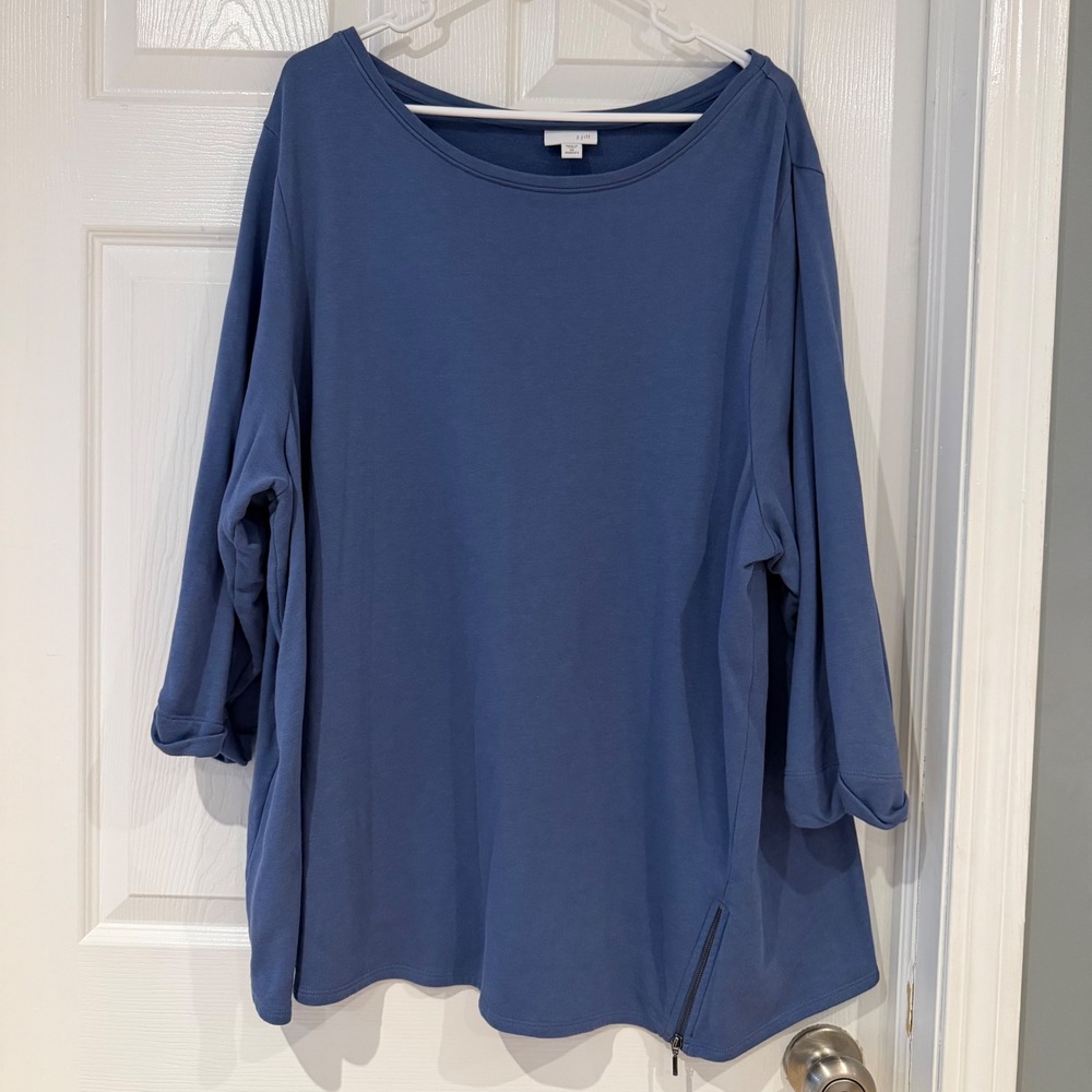 J. Jill Blue Cotton Modal French Terry Side Zip Boat Neck Top Coastal Athleisure